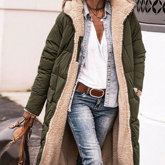 Army Green Casual Women's Oversize fleeced lined Long Coat Jacket - Picture 1 of 8